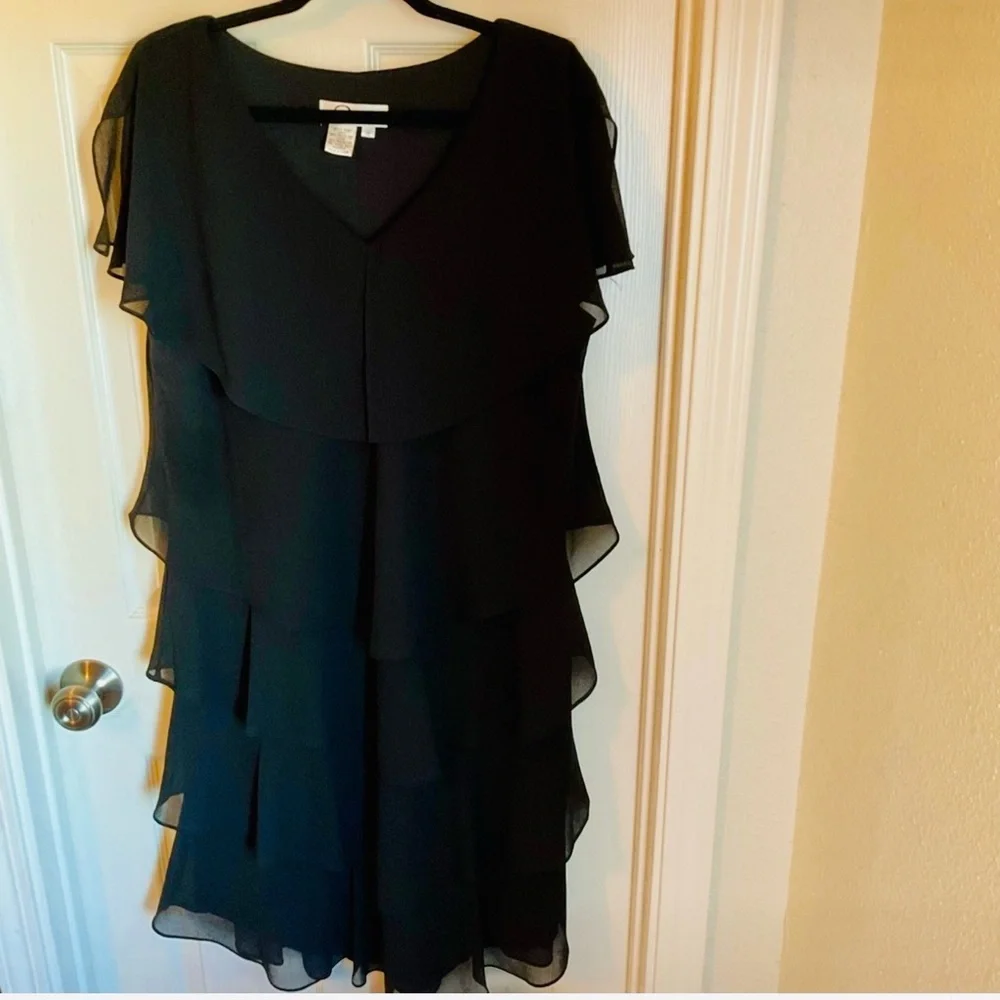 Patra Black Chiffon Tiered Sheath Dress with Capelet Sleeves, Size 16 - Picture 2 of 12